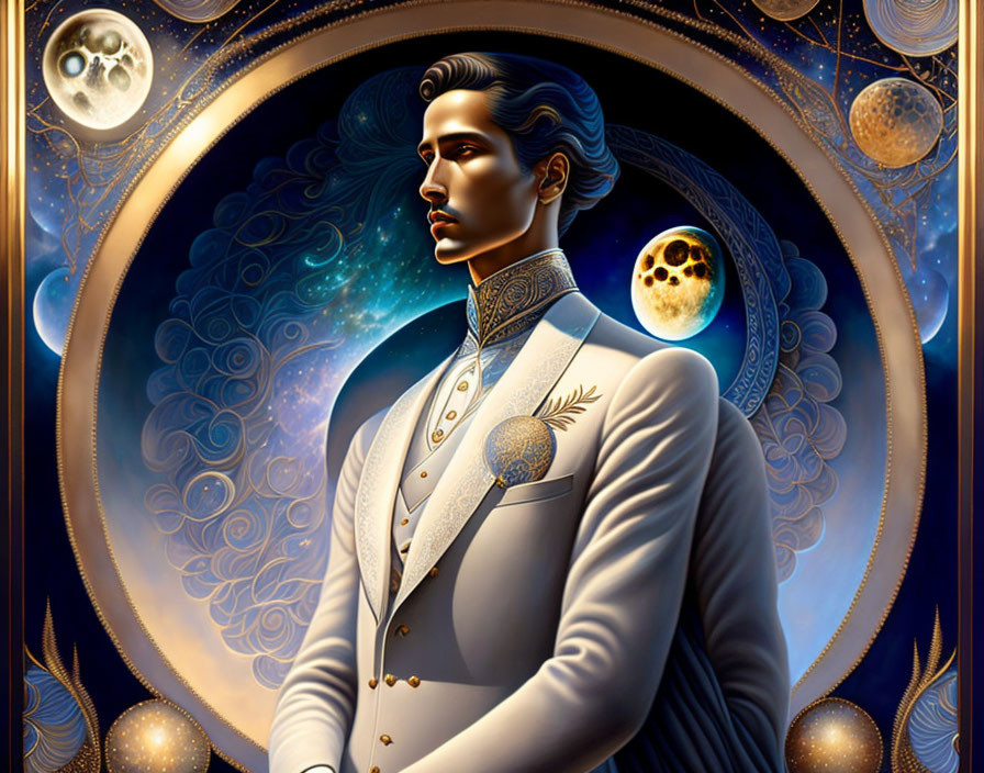 Illustrated man in cosmic suit with celestial bodies and nebula in circular frame