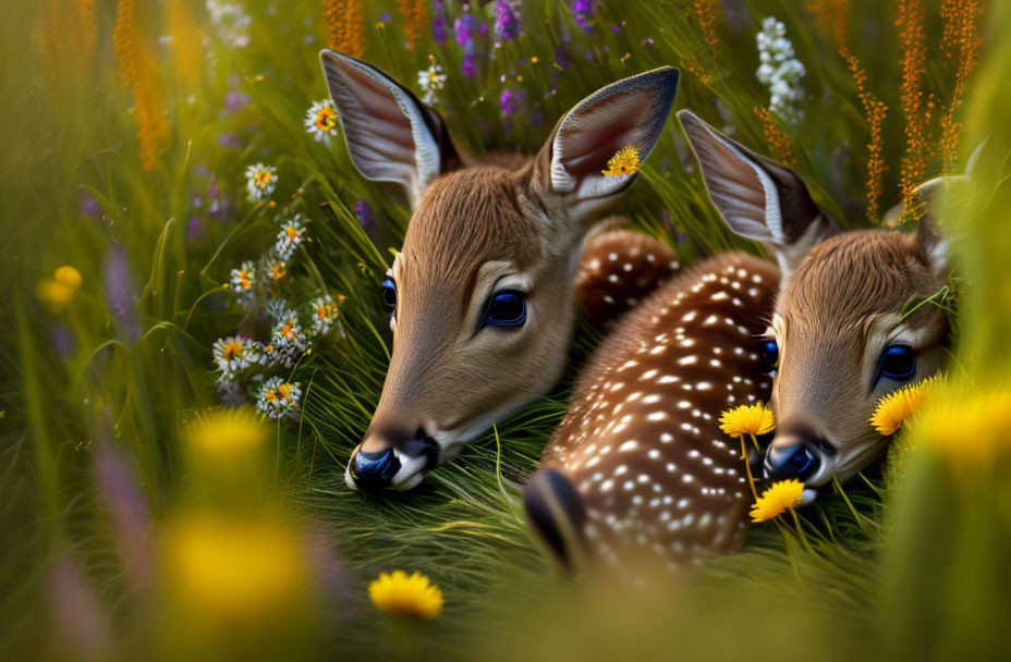 Young fawns blending in wildflowers and grasses with white spots.