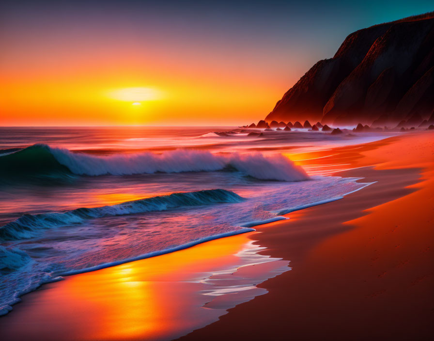 Scenic beach sunset with orange hues, crashing waves, and cliff