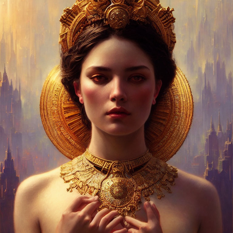 Regal woman with gold headdress and cityscape background
