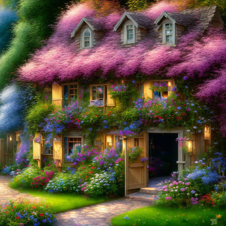 Thatched Roof Cottage with Pink Flowers and Garden Path