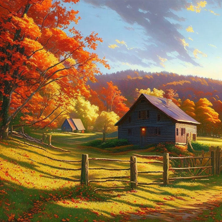Autumn landscape with rustic wooden cabin and vibrant foliage