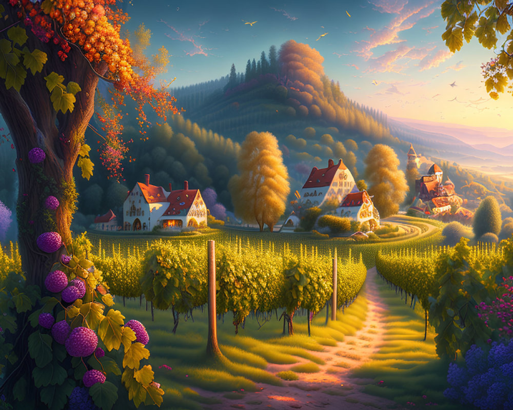 Scenic autumn village with vineyards, cozy homes, and sunrise