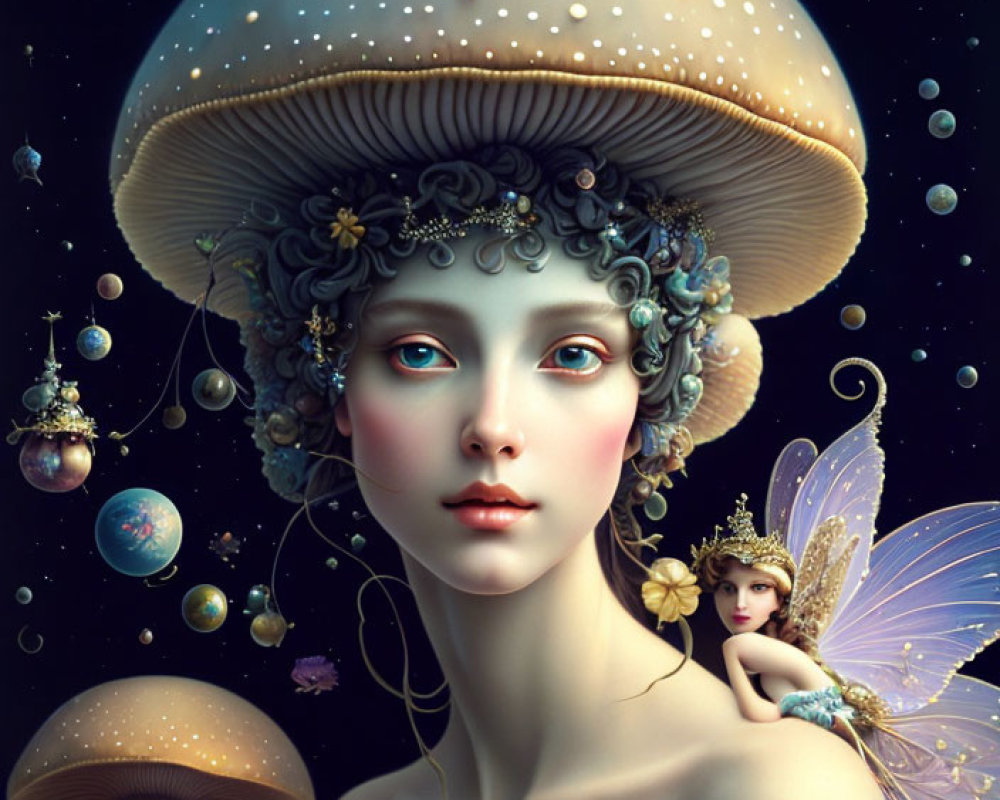 Surreal artwork: Woman with mushroom cap, celestial orbs, and winged figure.