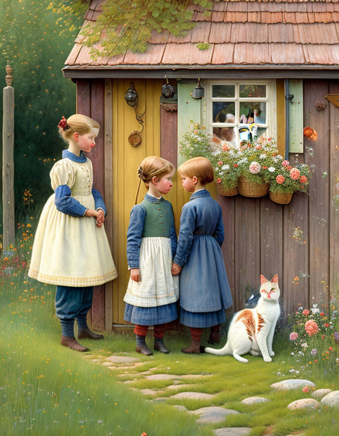 Vintage clothing children at cottage door with white cat and flower window.