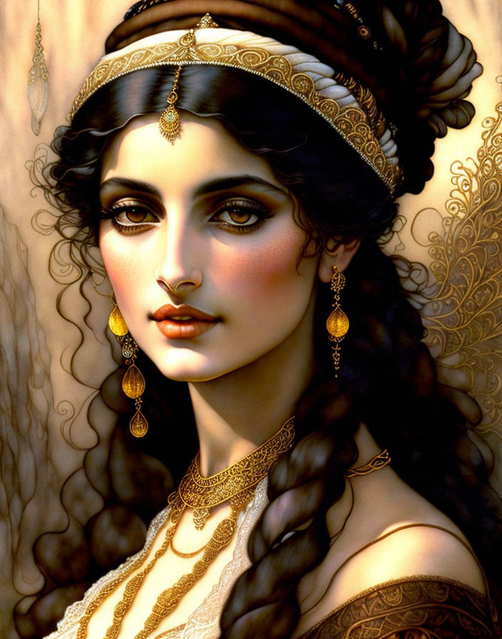 Detailed portrait of woman with gold jewelry, headpiece, and henna on golden background