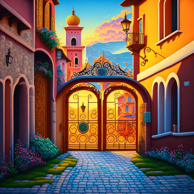 Colorful illustration of a picturesque street with metal gate, traditional buildings, church tower, and sunset sky
