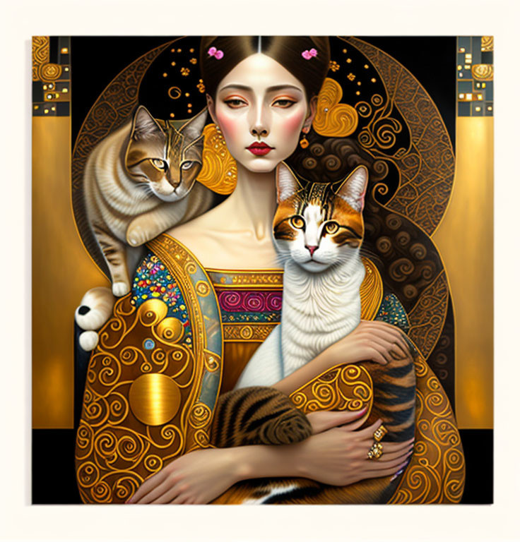 Stylized Art Nouveau illustration of woman with two cats on gold and black patterned background