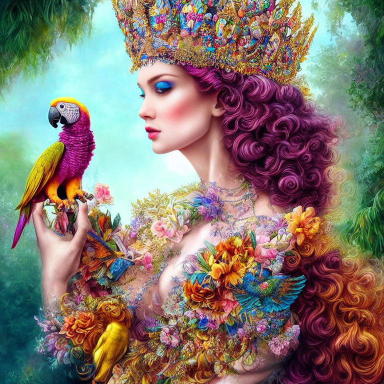 Vibrant purple hair woman with crown holding colorful parrot in lush floral setting