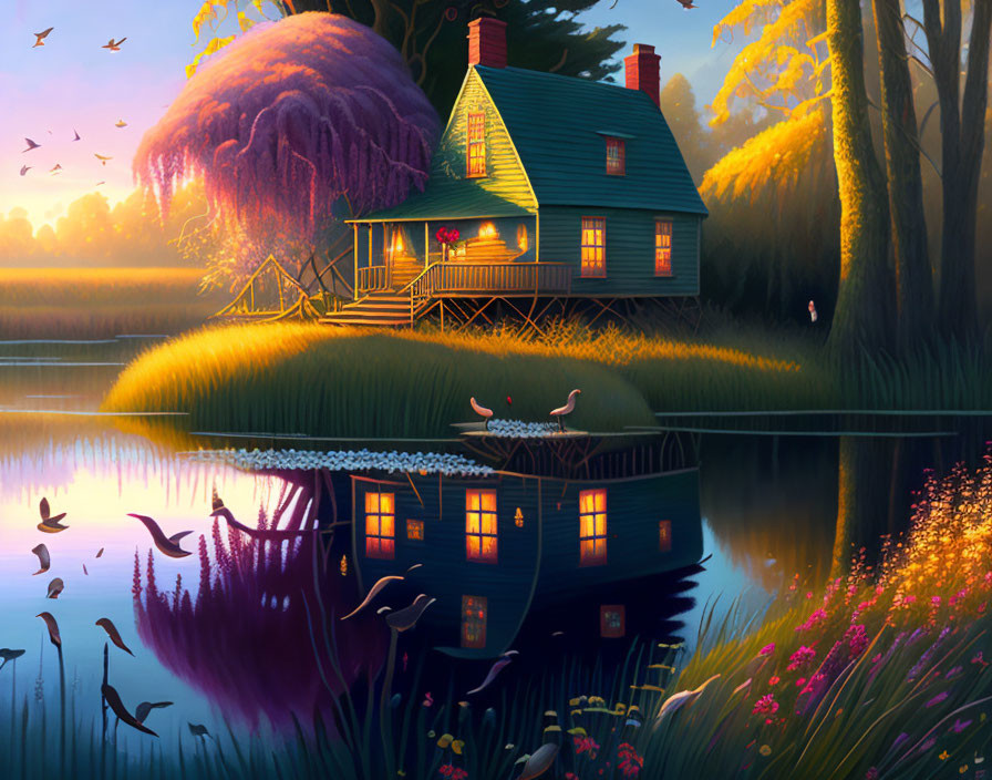 Tranquil lakeside house at twilight with warm lights, lush landscape, clear reflection, and birds