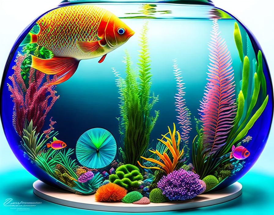 Vibrant Round Aquarium with Colorful Fish and Aquatic Plants