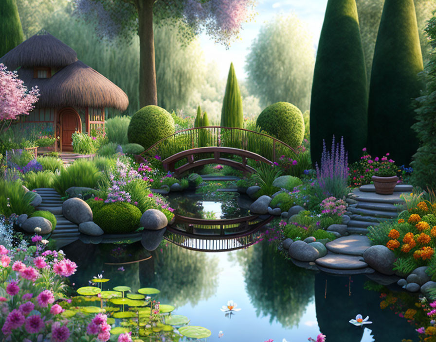 Tranquil garden with thatched-roof cottage, pond, bridge, lush plants, and blo