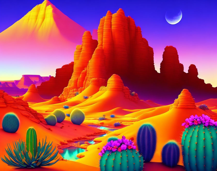 Colorful Desert Landscape with Sand Dunes, Cacti, Red Rocks, Pyramid, and Crescent