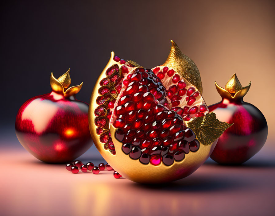 Ripe pomegranate with arils and whole fruits on gradient background