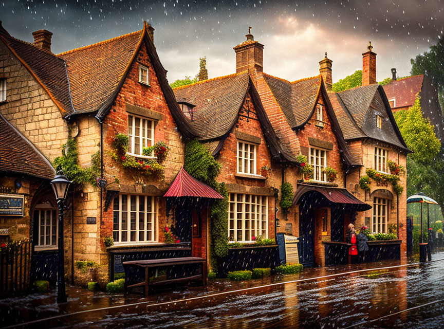 Traditional brick houses on quaint village street with pub and lone pedestrian in rain