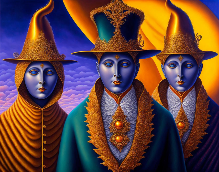 Surreal blue-faced figures with golden hats in vibrant sky