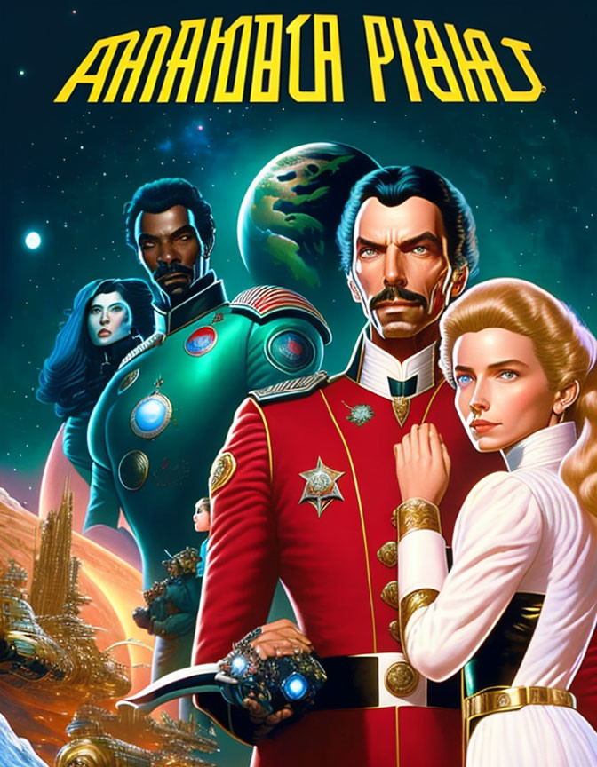 Futuristic poster with three figures and space backdrop