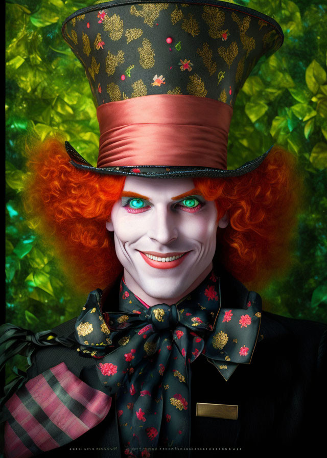 Smiling man in Mad Hatter costume with top hat and red hair