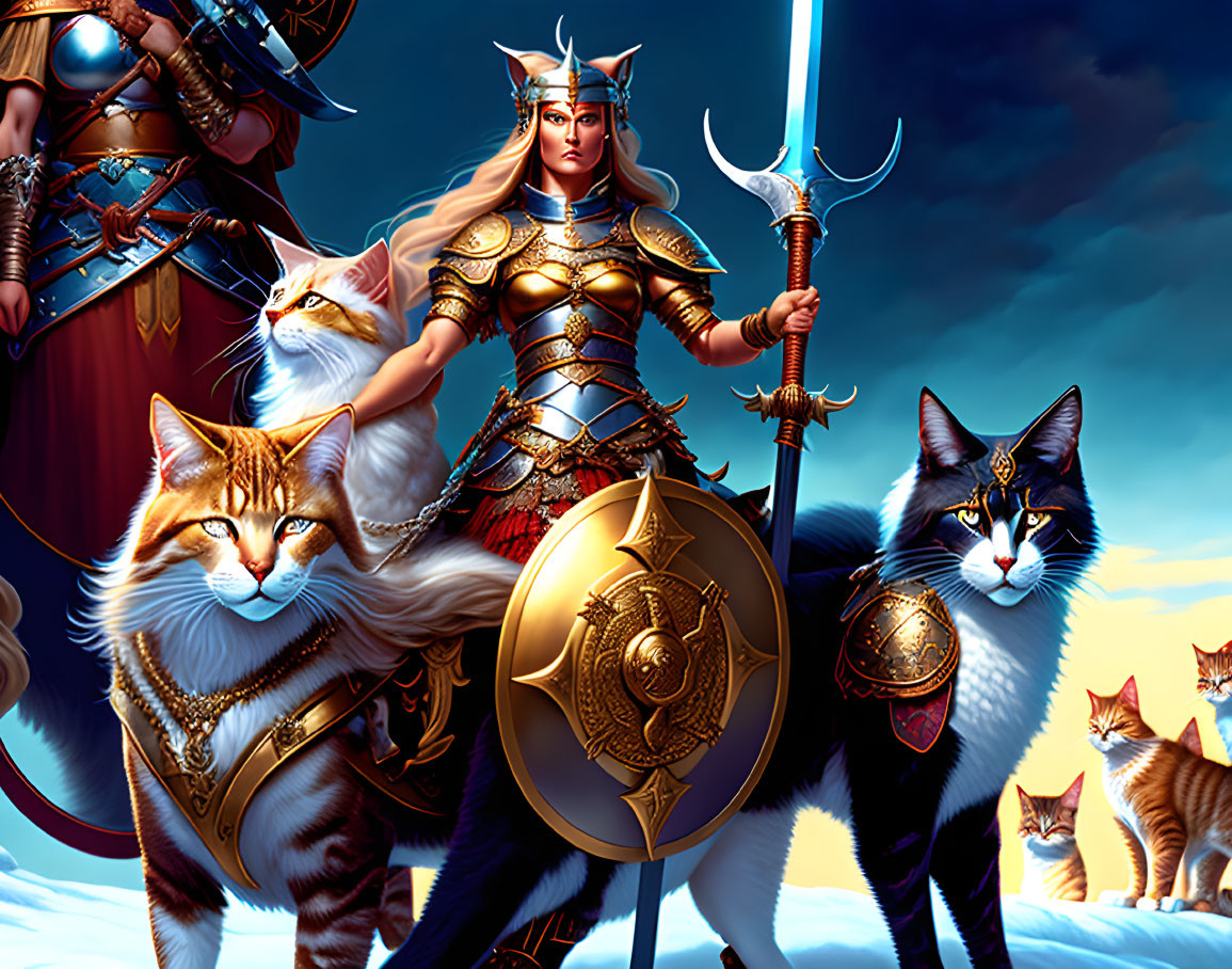 Golden-armored warrior with trident and shield beside majestic cats
