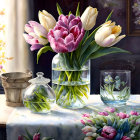 Colorful still life painting with flowers, glass vase, glass ball, and etched glasses on floral