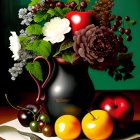 Colorful flowers and fruits in black vase on dark green background