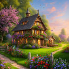 Charming cottage with blooming garden and castle in scenic sunset view