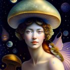 Surreal artwork: Woman with mushroom cap, celestial orbs, and winged figure.