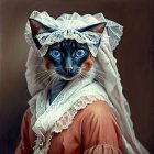 Majestic cat illustration with blue eyes and floral cloak against abstract background
