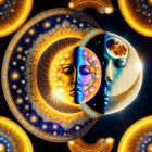 Sun and moon with human faces in cosmic motif with stars and galaxies