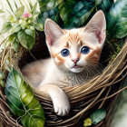 Illustrated kitten with blue eyes in woven basket with green leaves and butterfly