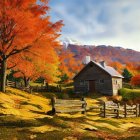 Autumn landscape with rustic wooden cabin and vibrant foliage