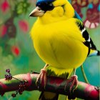 Vibrant yellow bird on blossoming branch with red berries in colorful illustration
