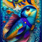 Colorful woman with fish scales hair in vibrant artwork
