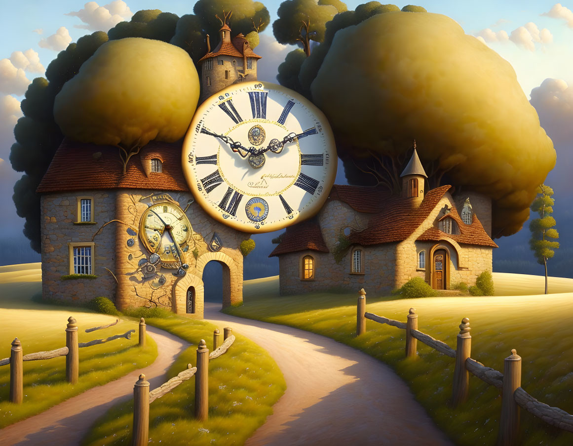 Whimsical countryside painting with clock-faced houses and oversized trees
