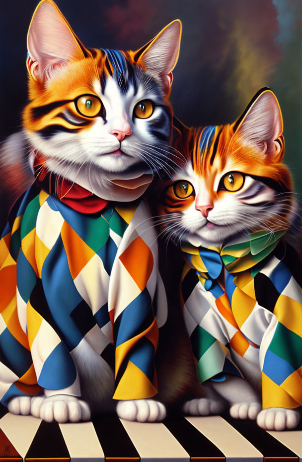 Vibrant Multicolored Cats in Harlequin Costumes on Abstract Background
