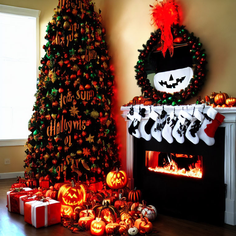 Festive room with Halloween-Christmas hybrid decorations