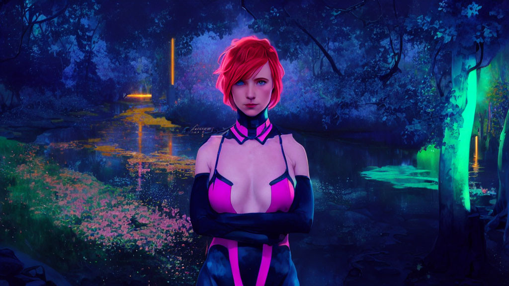 Digital Artwork: Female Character with Pink Hair in Mystical Forest