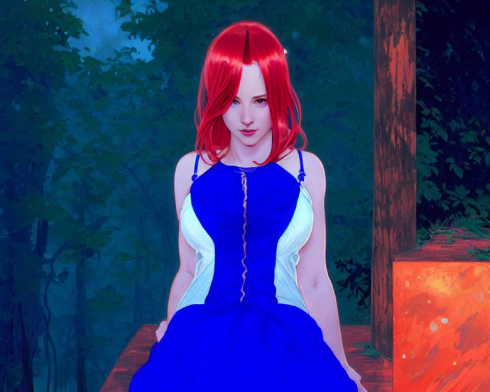 Digital artwork of woman with vibrant red hair in blue dress standing in mystical forest setting