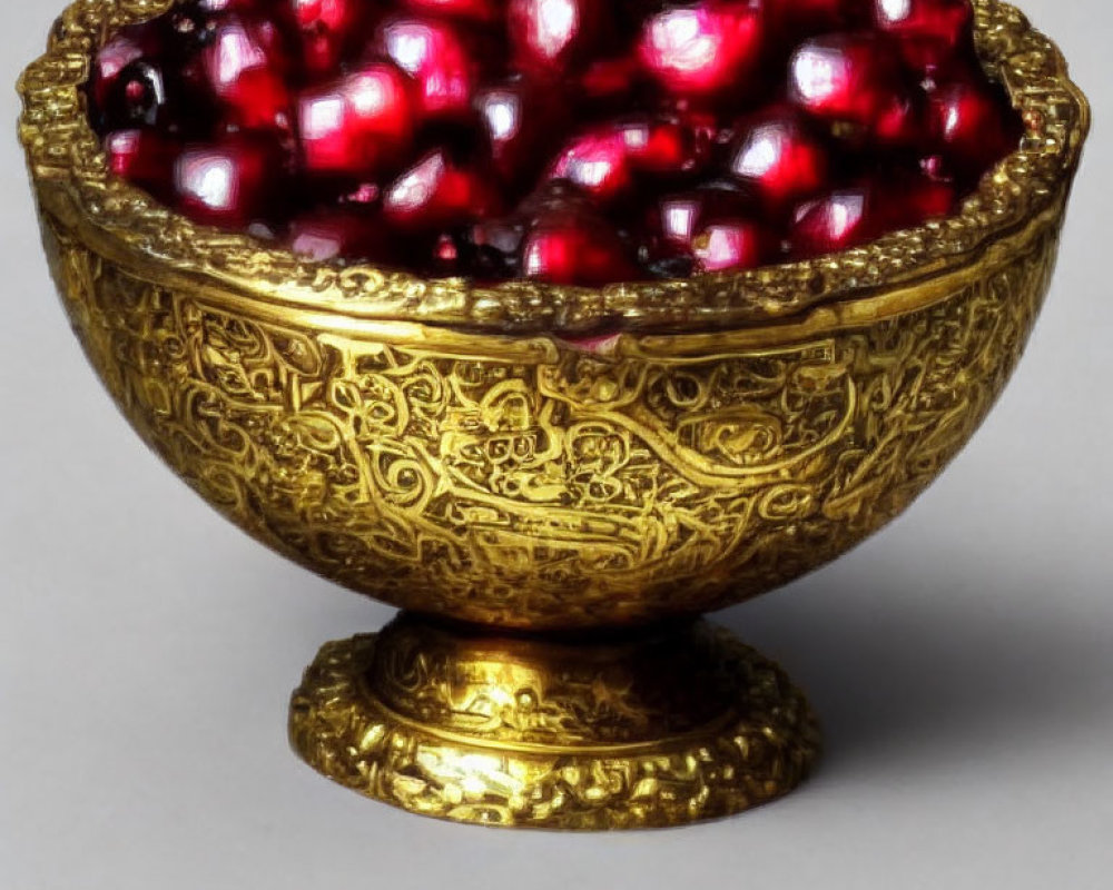 Golden ornate bowl with pomegranate seeds display