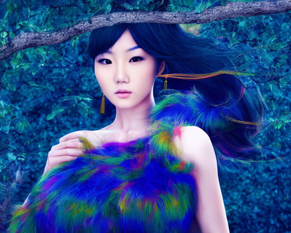Digital artwork of woman with dark hair in blue and green fur clothing posing under lush tree with blue leaves
