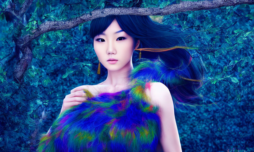 Digital artwork of woman with dark hair in blue and green fur clothing posing under lush tree with blue leaves