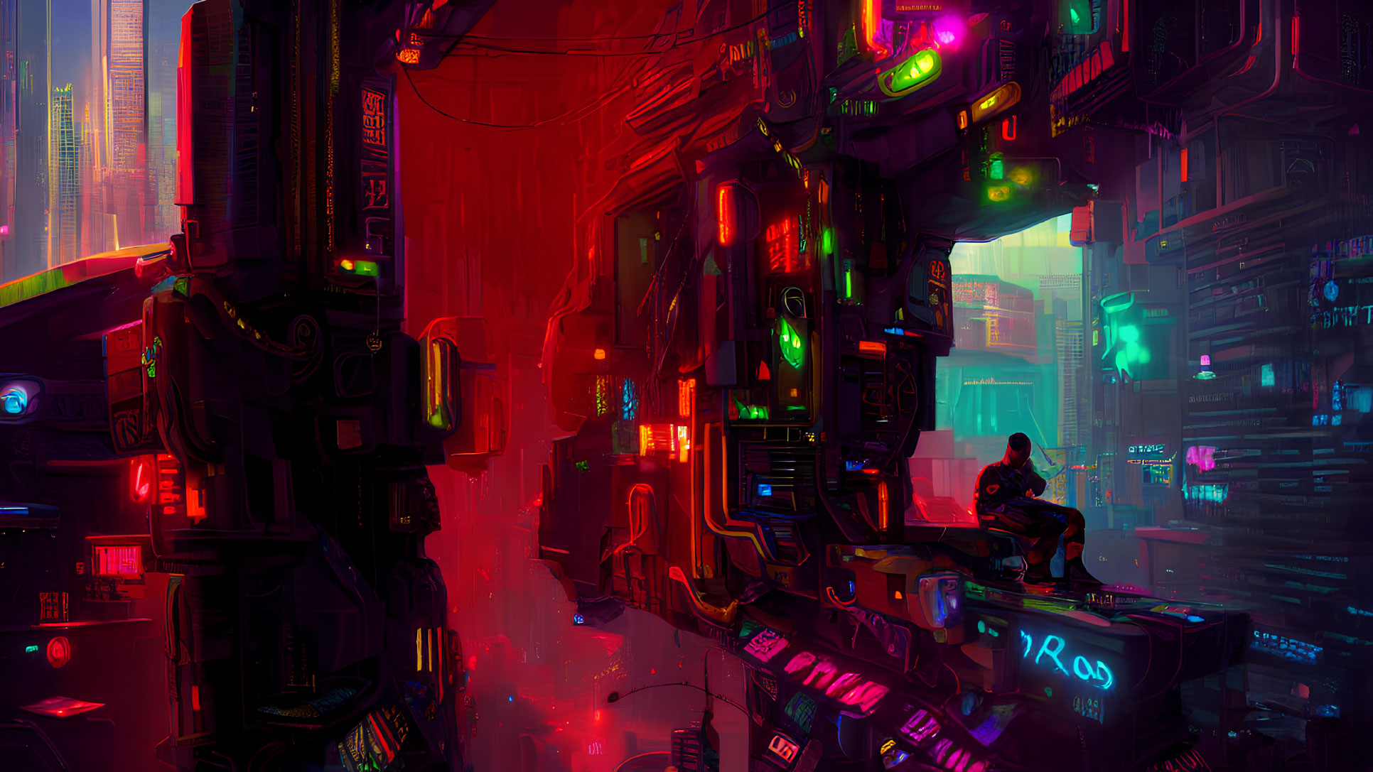 Nighttime cyberpunk cityscape with neon signs, lone figure, and futuristic buildings