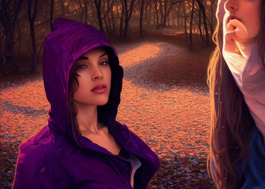 Woman in purple hooded jacket in autumn forest with gesturing person
