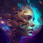 Colorful digital artwork of a woman with cosmic headdress and glowing patterns