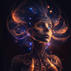 Digital art portrait of a woman with galaxy headdress and space elements on starry backdrop
