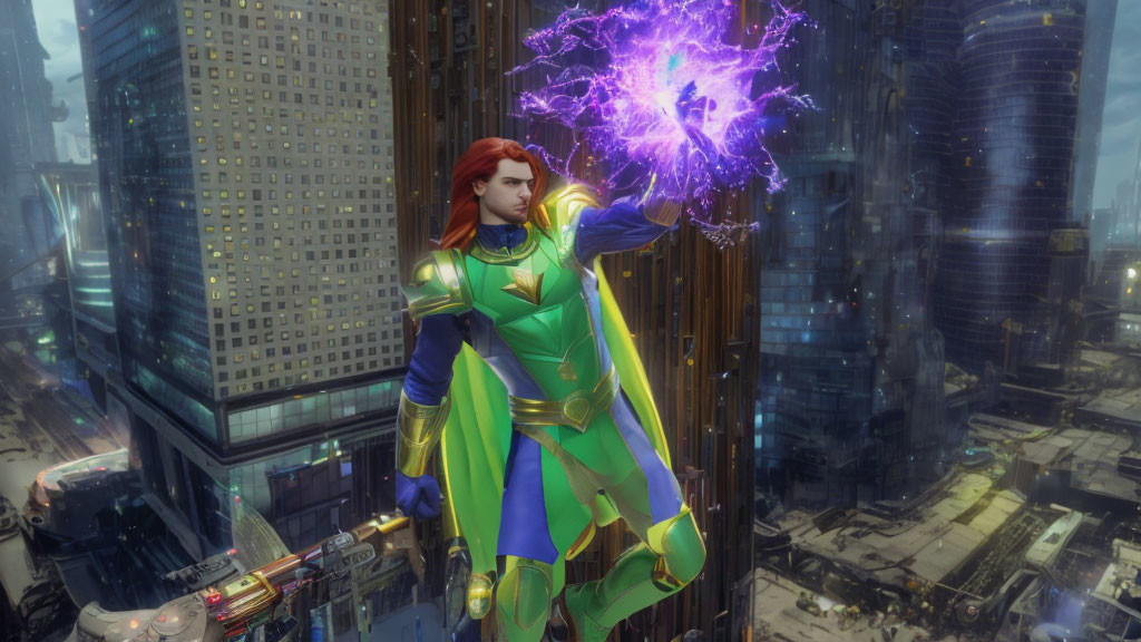 Red-haired superhero in green and yellow costume conjures purple energy sphere in futuristic city.