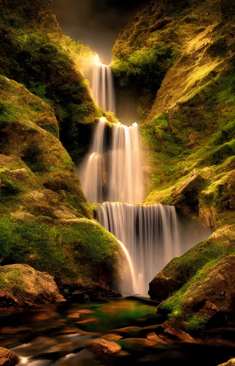 Tranquil waterfall cascading down moss-covered cliffs