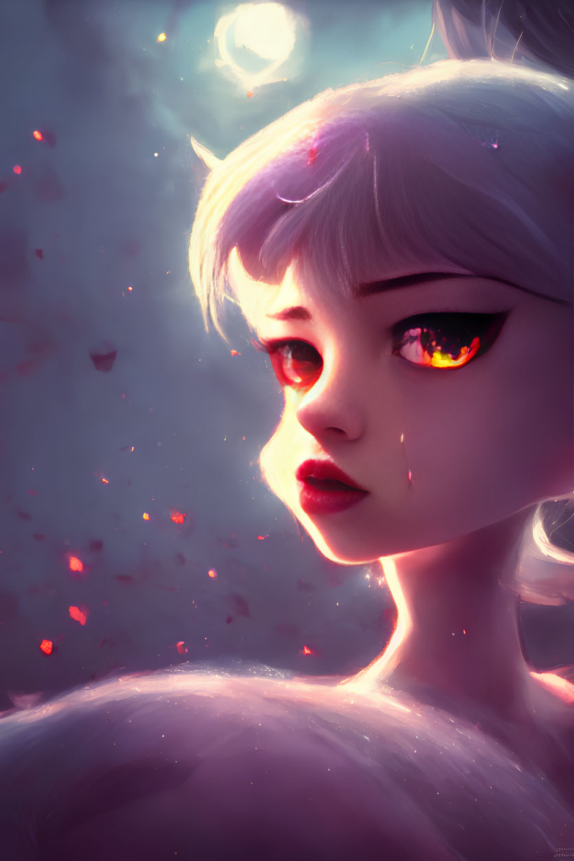 Stylized digital artwork: girl with fiery orange eyes and white hair, surrounded by red petals under