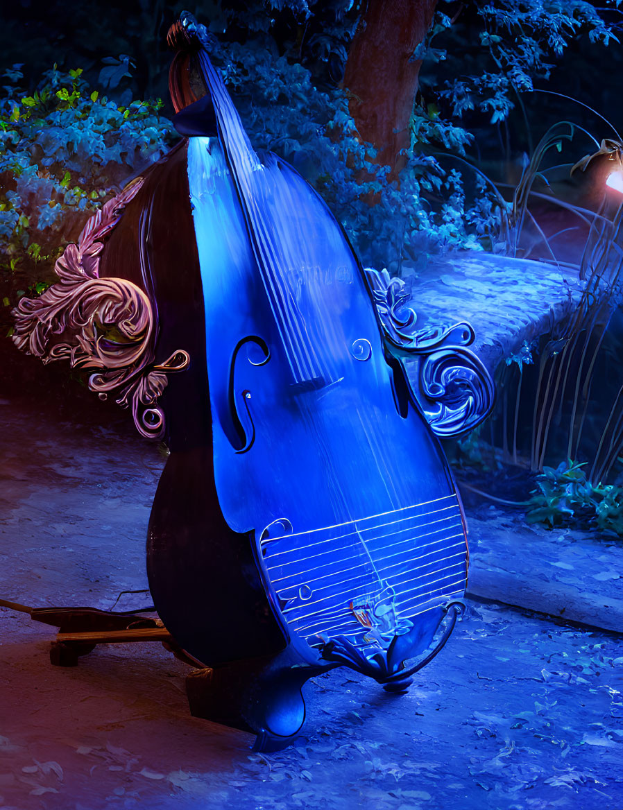 Ornate double bass with blue light in nocturnal outdoor scene