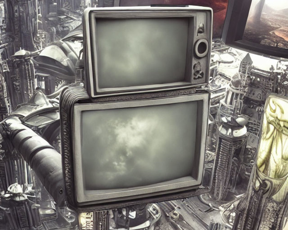 Retro televisions against futuristic cityscape with distant planet